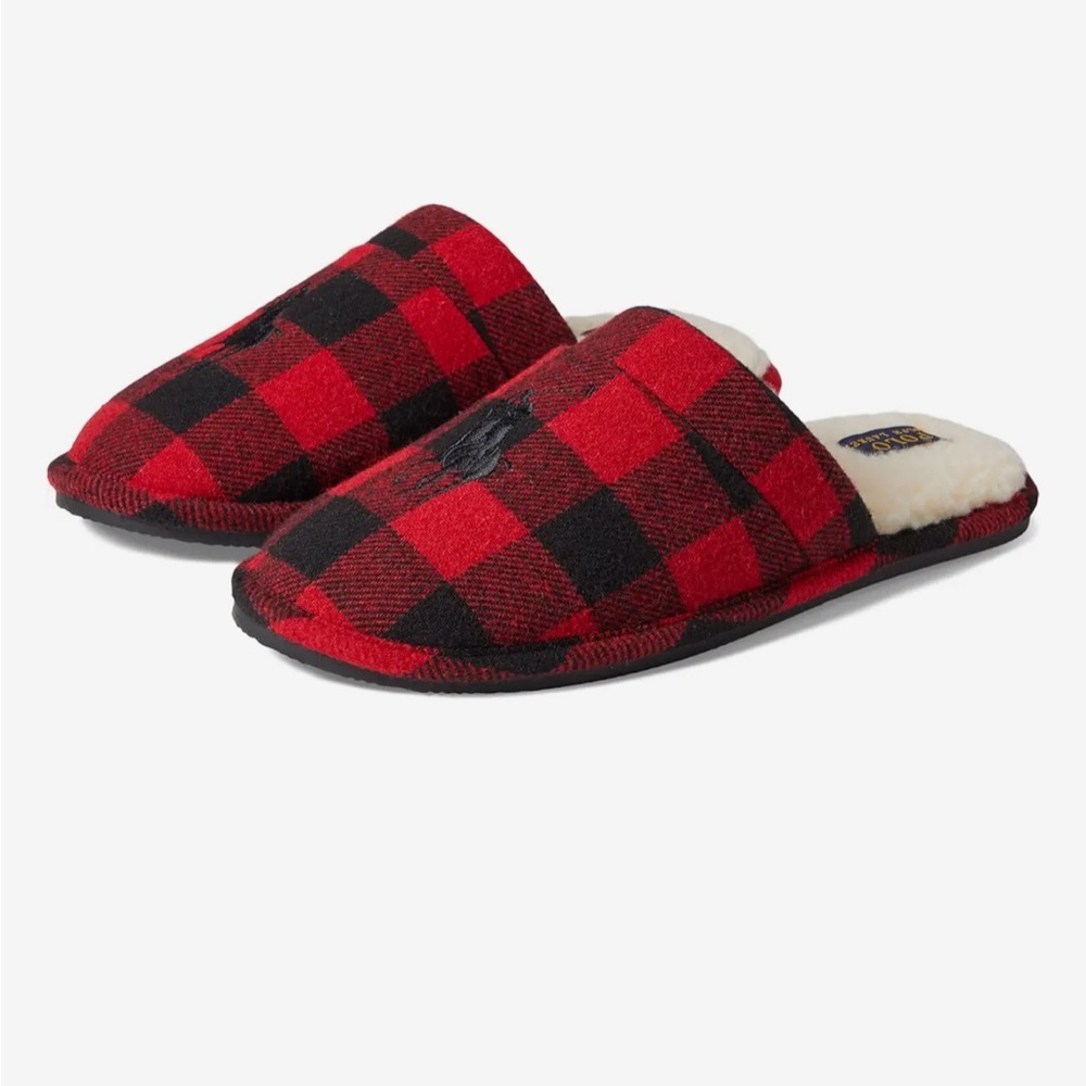 Men’s polo Ralph Lauren Red and Black Plaid Slippers, size 8